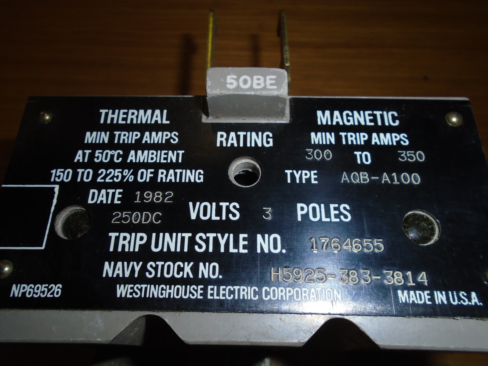 NOS! Westinghouse AQB-A100 Thermal Trip Unit Style 1764655 50BE NP69526