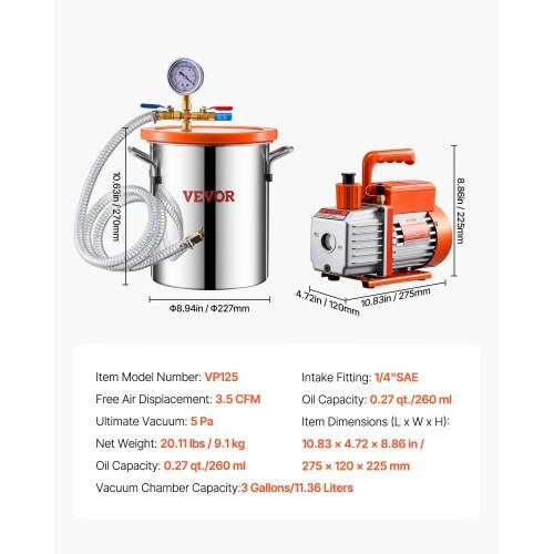 3 Gallon Vacuum Chamber and 3.5 CFM Pump Kit, Stainless Steel Chamber, Single St
