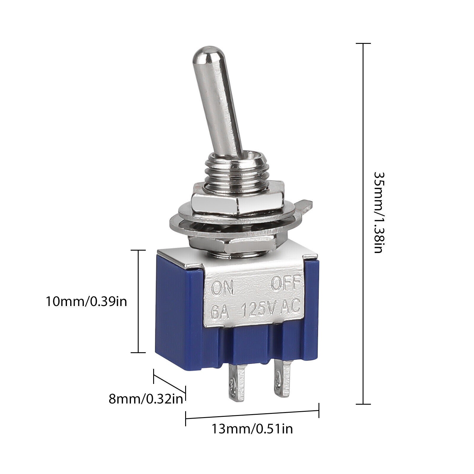 10PCS MTS-101 2 Position Mini Toggle Switch 2 Pin SPST ON-OFF 6A 125V AC