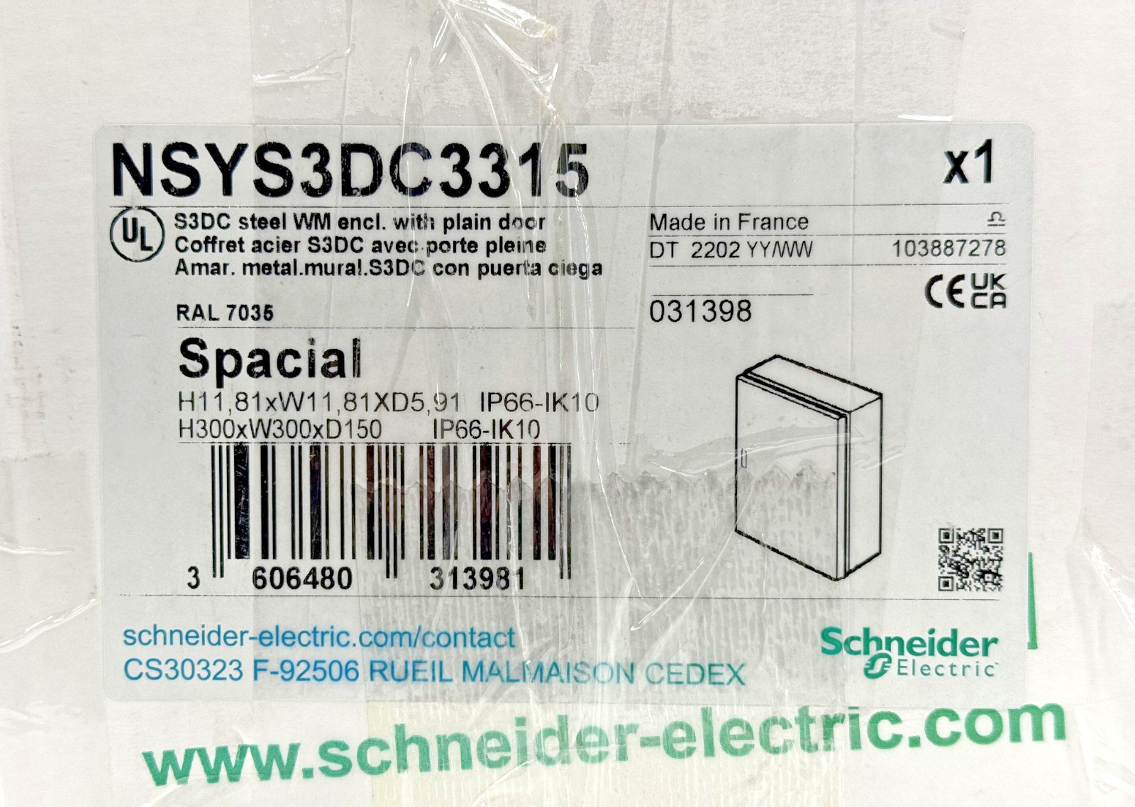 Schneider Electric NSYS3DC3315 Steel WM Enclosure, Plain Door 300 x 300 x 150mm