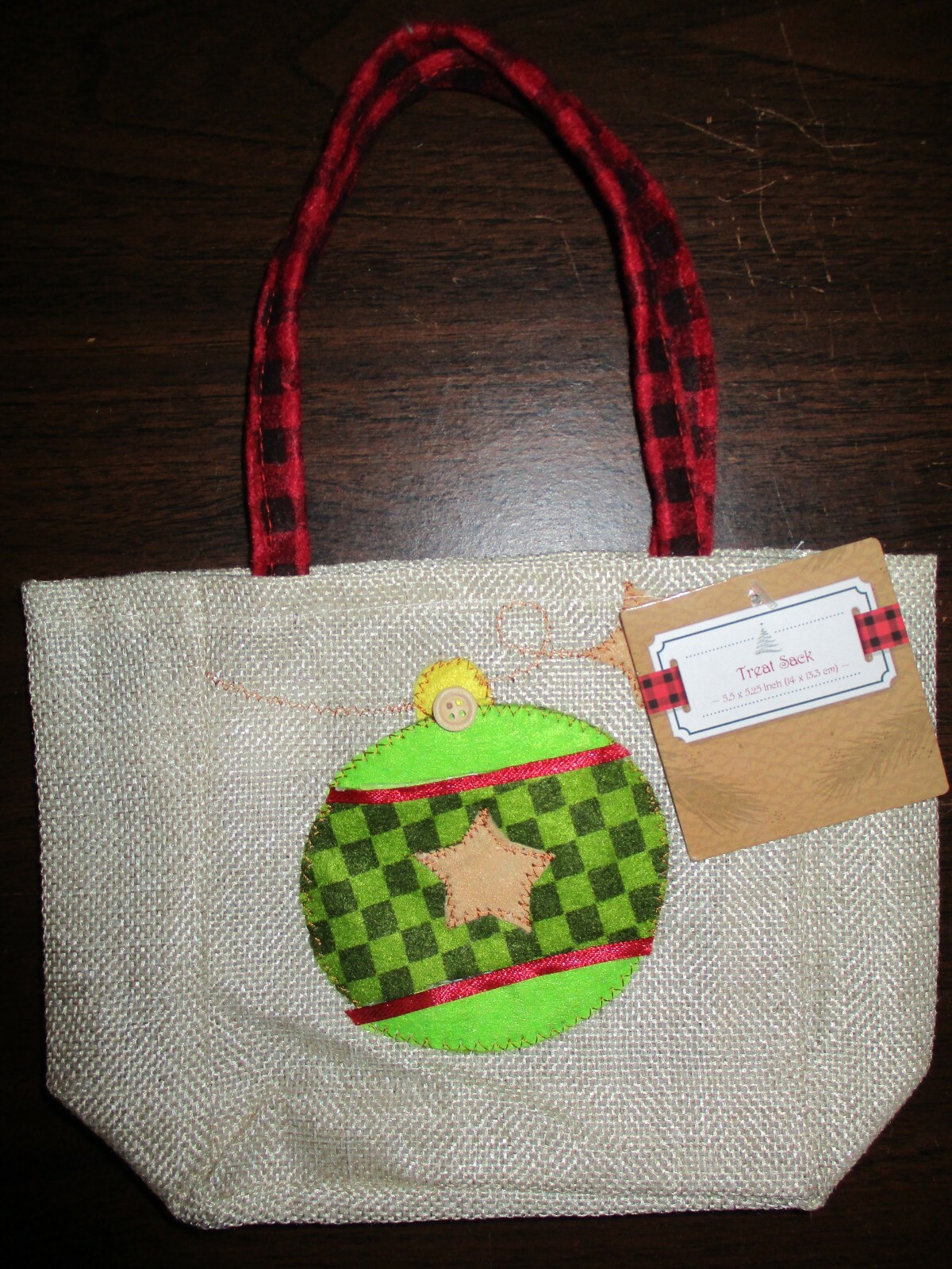 Polyester beige/red/green ball Christmas treat sack, approx. 5.875 x 8.25 inches