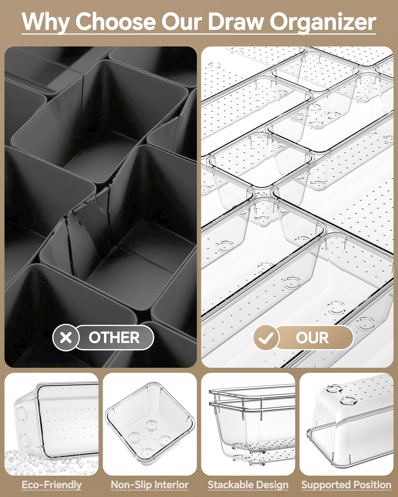 KEMETHY 25 PCS Plastic Drawer Organizers Set, 4 Sizes Vanity Organizer Clear