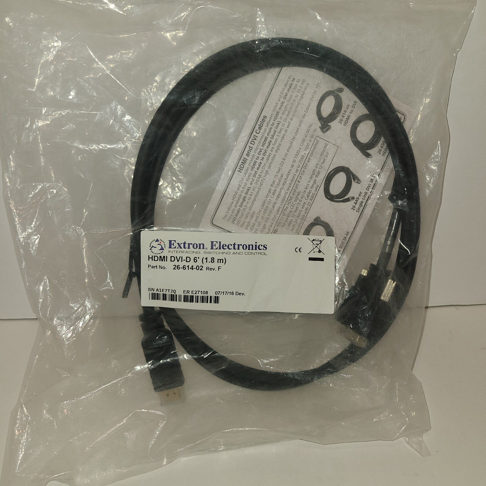 Extron HDMI to DVI-D 6 Ft 26-614-02 – Brand New Sealed High End Cable