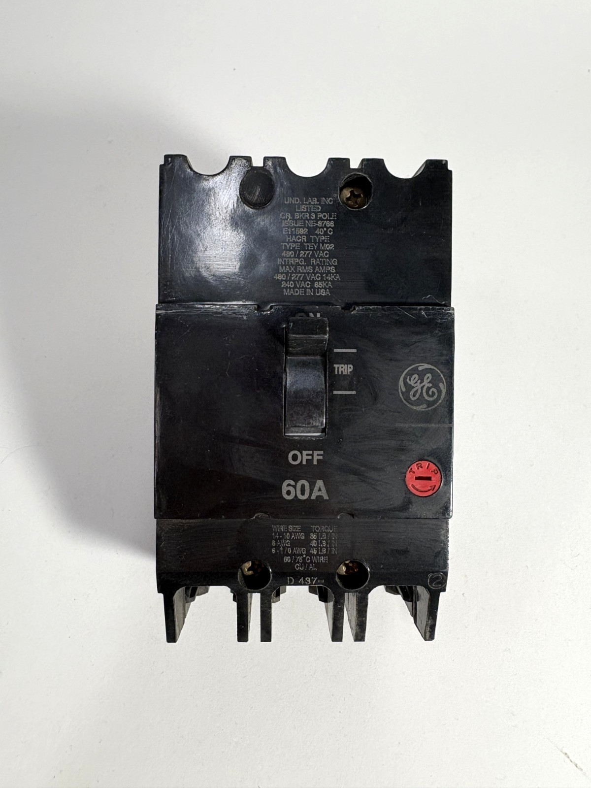 General Electric TEY360 Type TEY MO2 3 Pole 60A 480V Molded Case Circuit Breaker