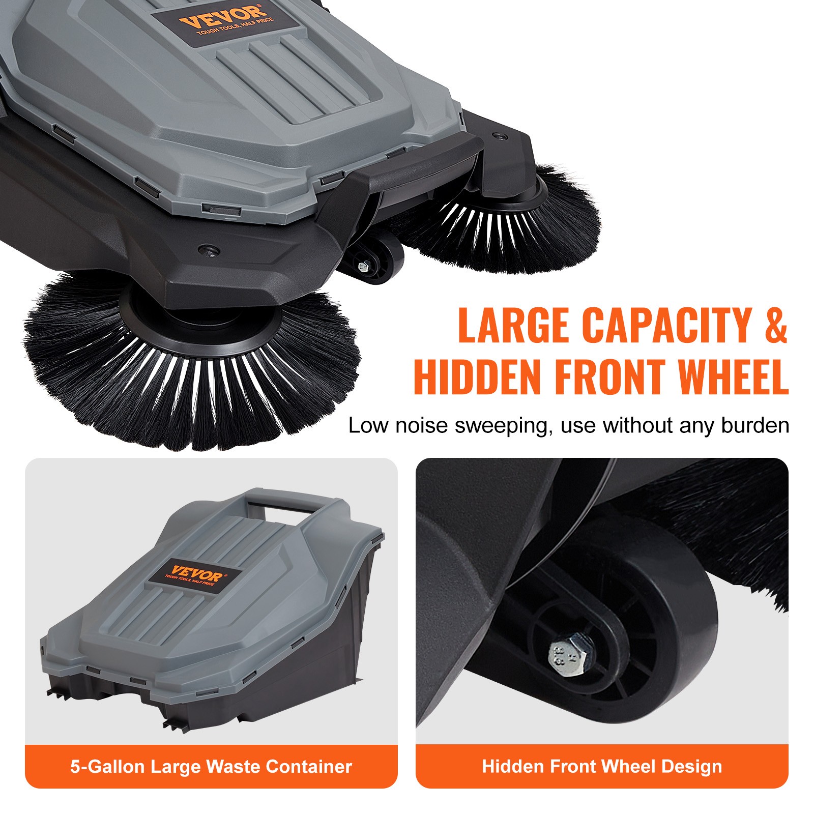 VEVOR Walk-behind Hand Push Floor Sweeper 25.6″ Width 5 Gallon Waste Container