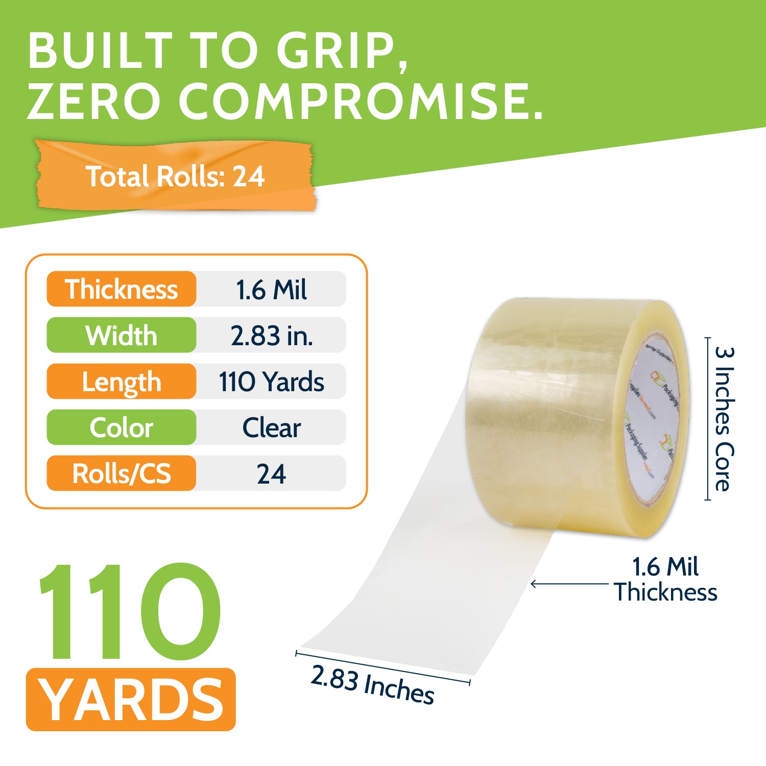 Clear Carton Sealing Packing Shipping Tape 1.6 Mil, 3″ x 110 Yards (24 Rolls)