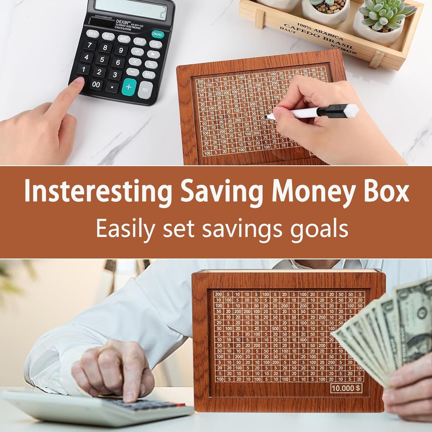 $10000 Cash Vault Wooden Savings Box,Wooden Savings Box with Money Target & Numb