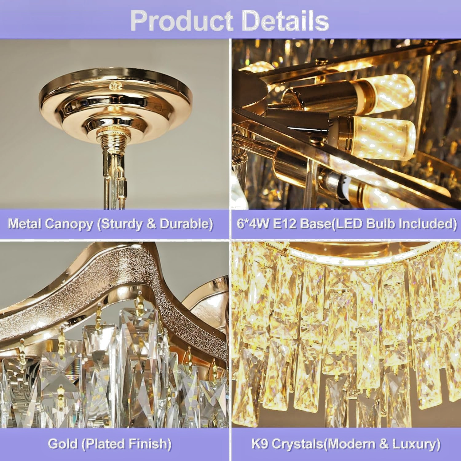 Modern Gold Crystal Chandelier 6-Light 2-Tier E12 Bulbs Included Ceiling Light
