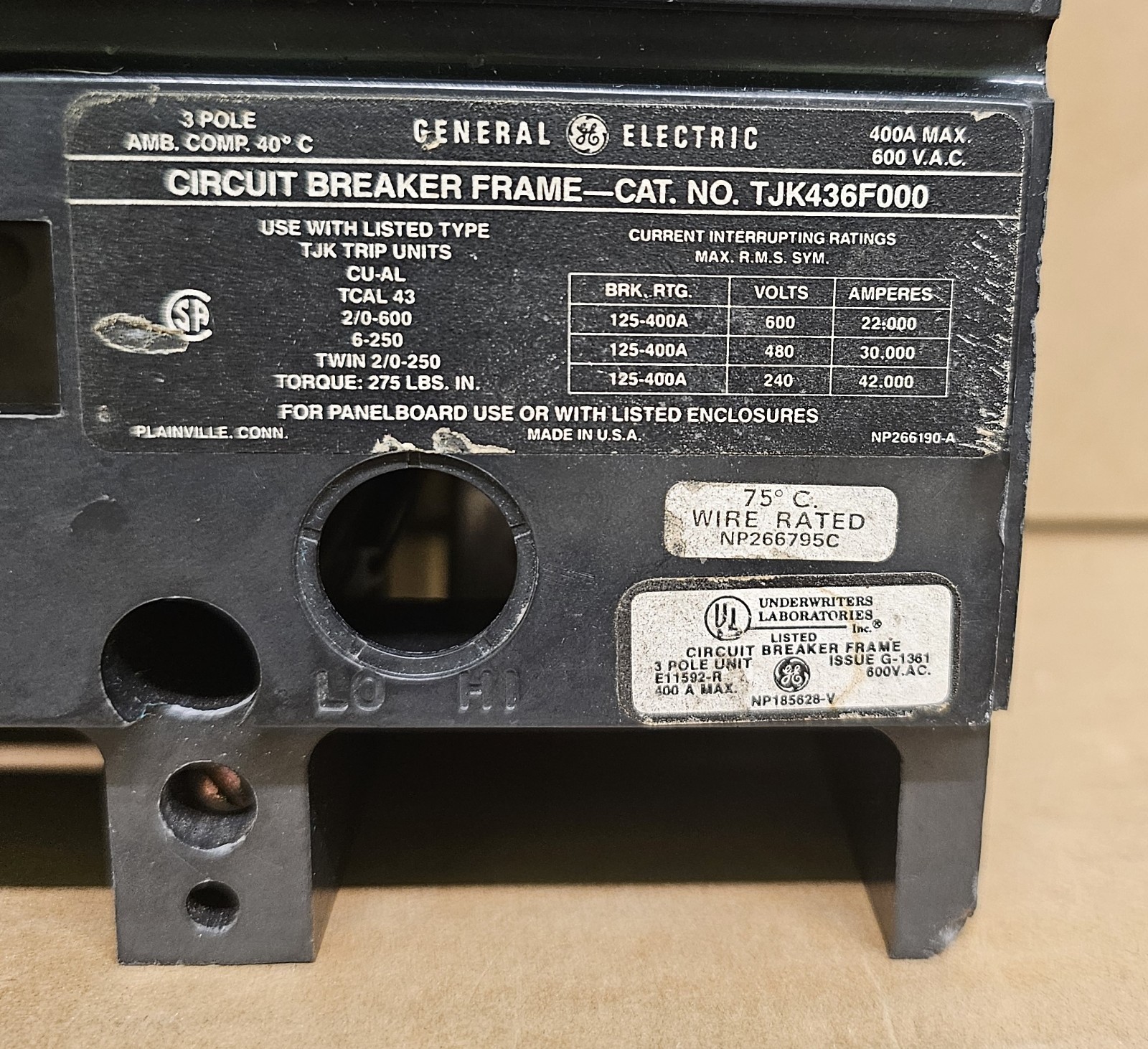 General Electric TJK436F000 Circuit Breaker Frame 400A 600V 3 Pole