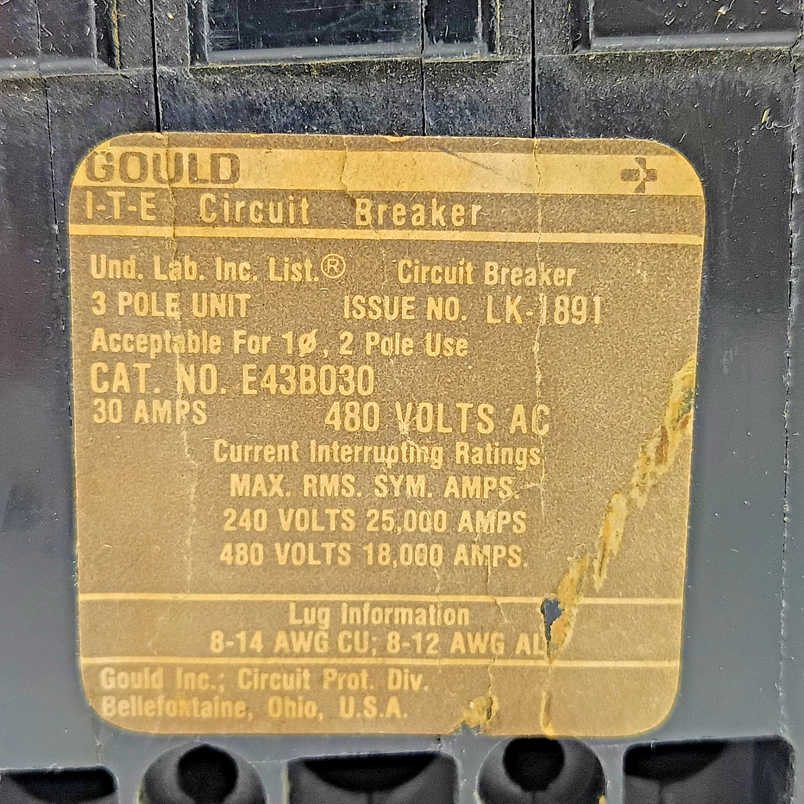 Gould I-T-E E43B030 30A 3-Pole 480VAC Circuit Breaker 18kA Used