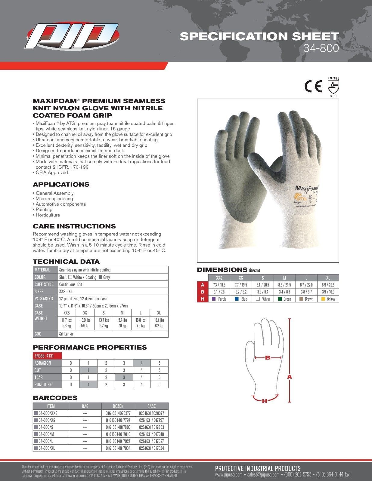 PIP 34-800 MaxiFoam G-Tek Premium Nitrile Foam Coated Gloves 3 Pairs, Sizes M-XL