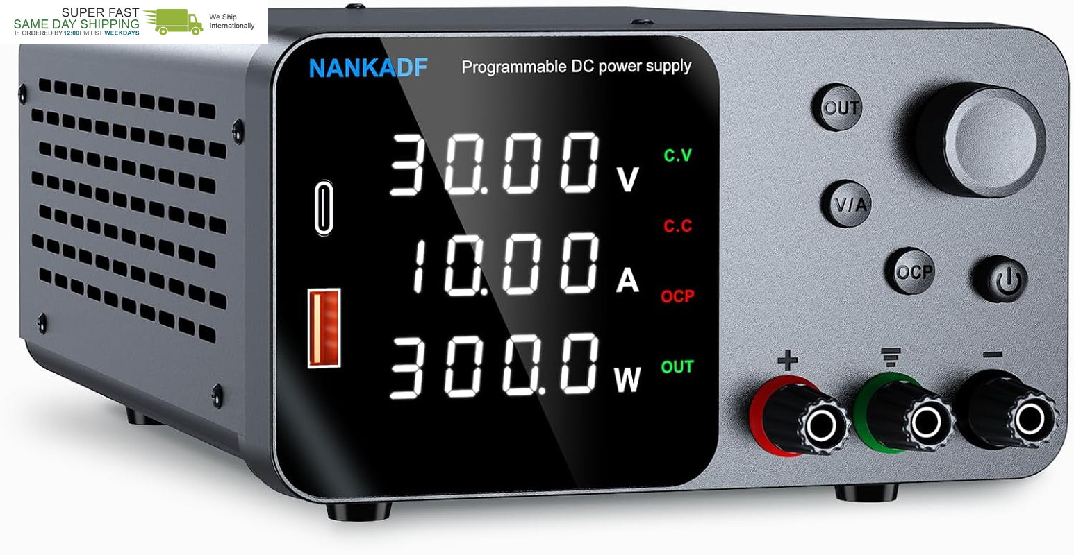 DC Power Supply, 30V 10A Bench Power Supply with Encoder Adjustment, 5V/3.6A Usb