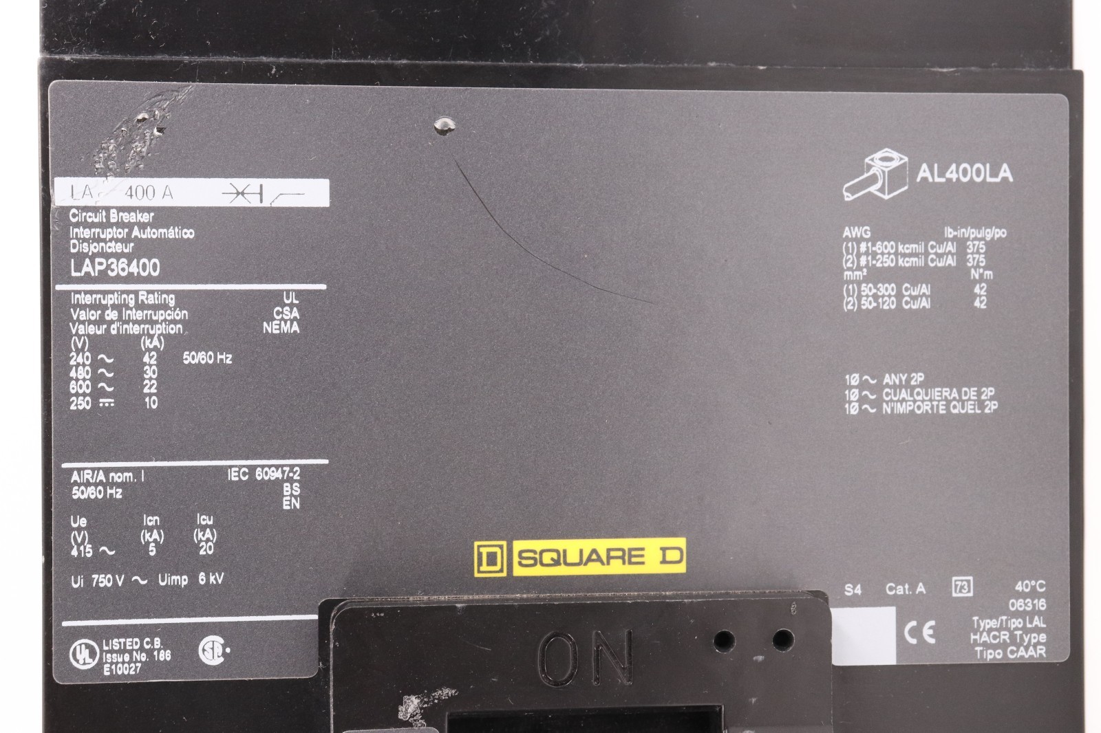 SQUARE D LAP36400 400A 3-POLE CIRCUIT BREAKER, 30KA@480V