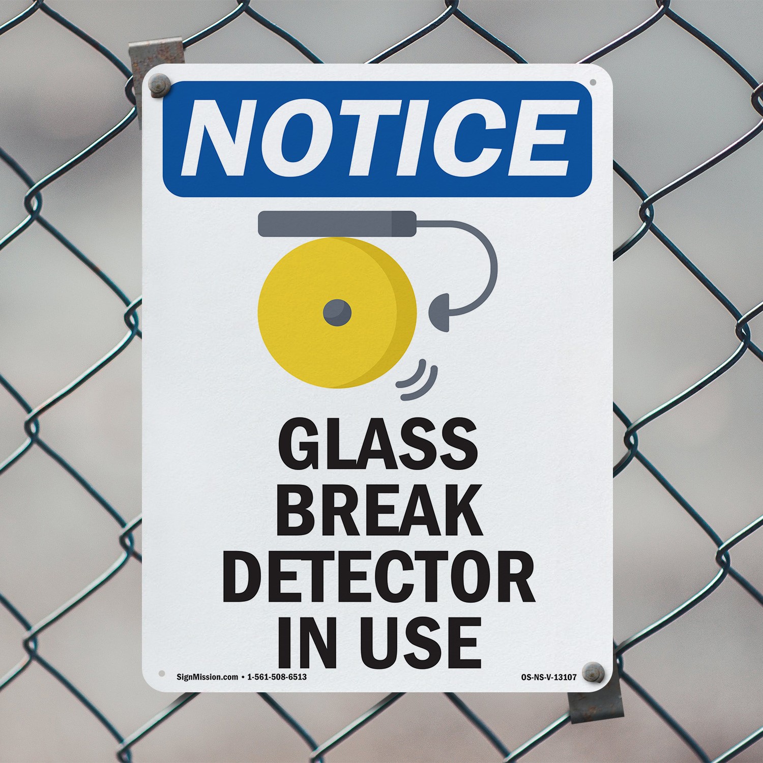Glass Break Detector In Use OSHA Notice Sign Metal, Plastic, Decal 5 or 10 Pack
