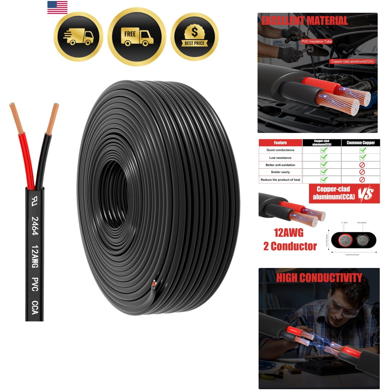 12 Gauge Wire 2 Conductor Electrical Wire, 12 AWG 3.3mm² Wire PVC Cord, 12V/2…