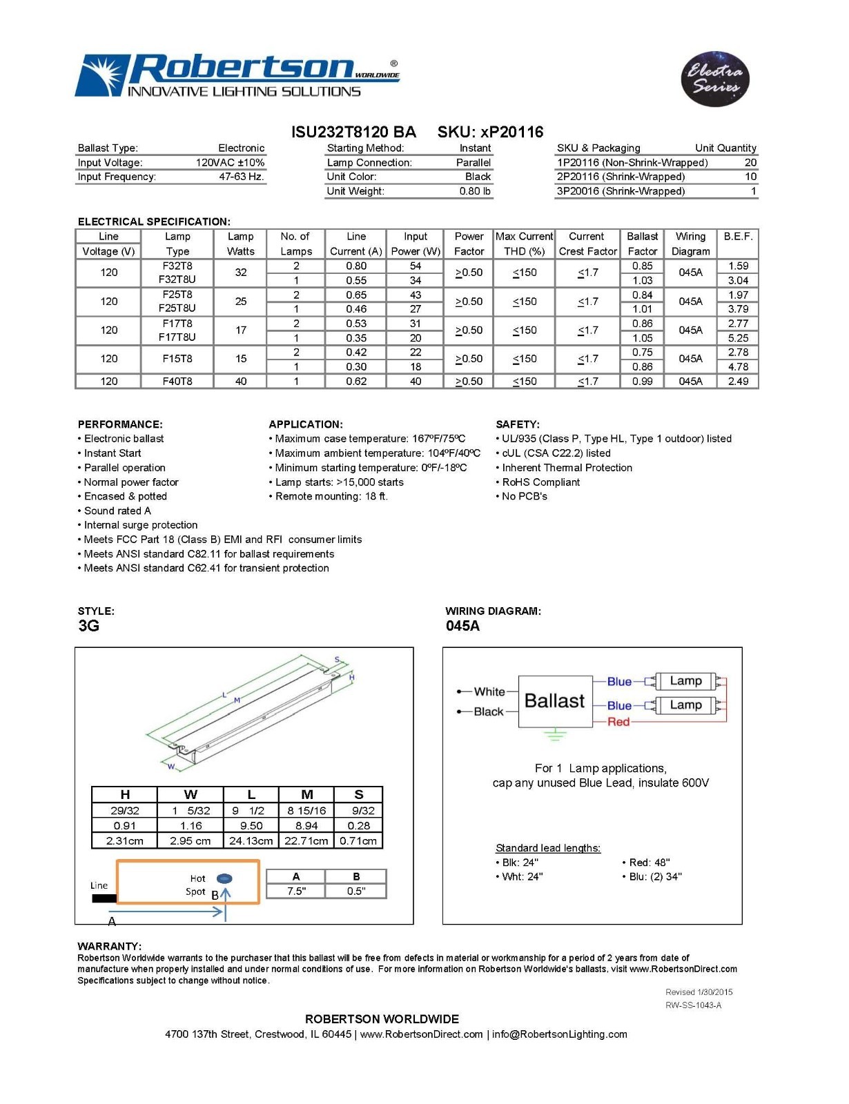 Electronic Fluorescent Ballast for 1-2 T8 Lamps 17W-32W, Instant Start, 120V