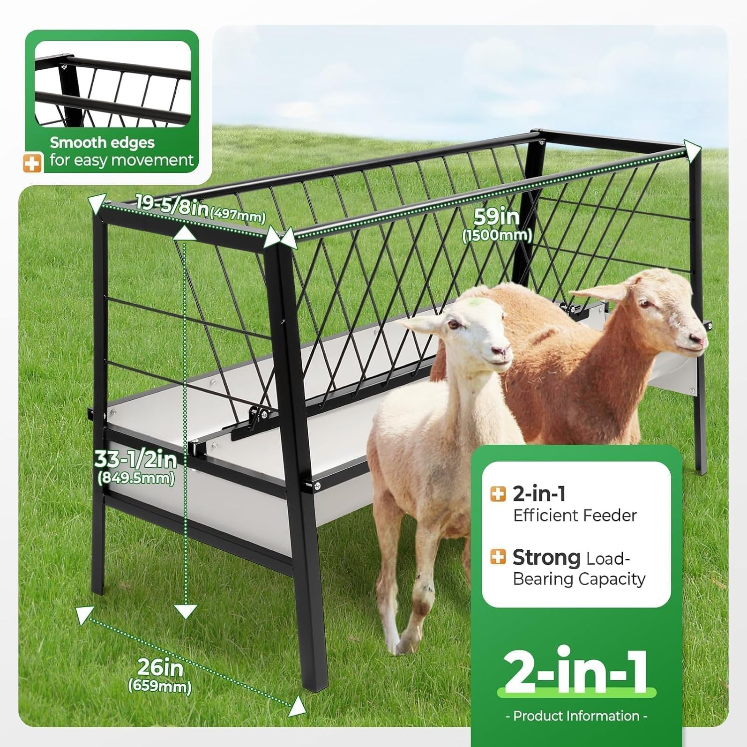 Pasture Hay Feeder 2 in 1 55 Gallon Livestock Feed Trough with 22 Gallon Feed