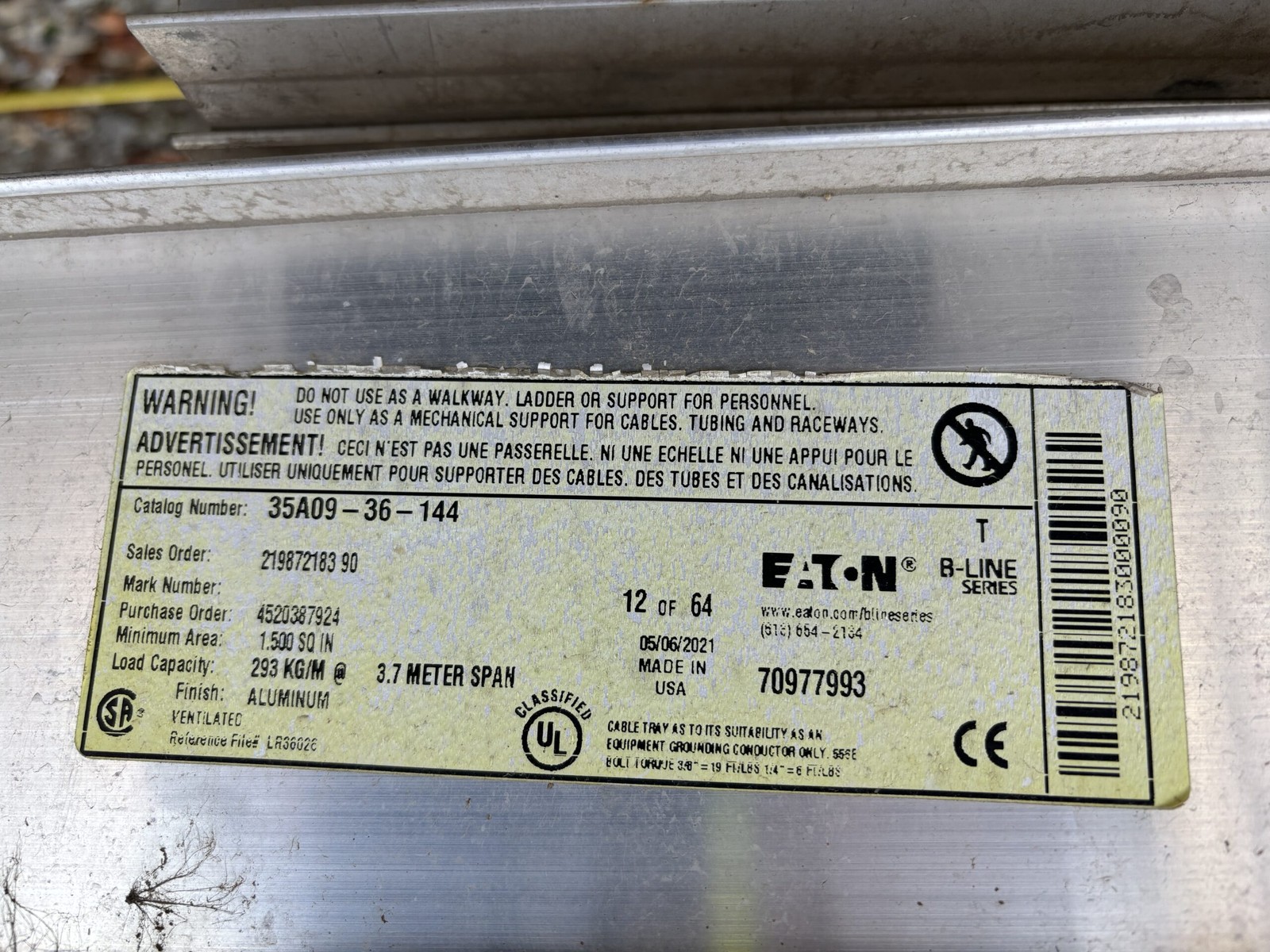 Eaton 35A09-36-144 B Line Series Aluminum Cable Tray Ladder Type 6″ x 36″ x 144″