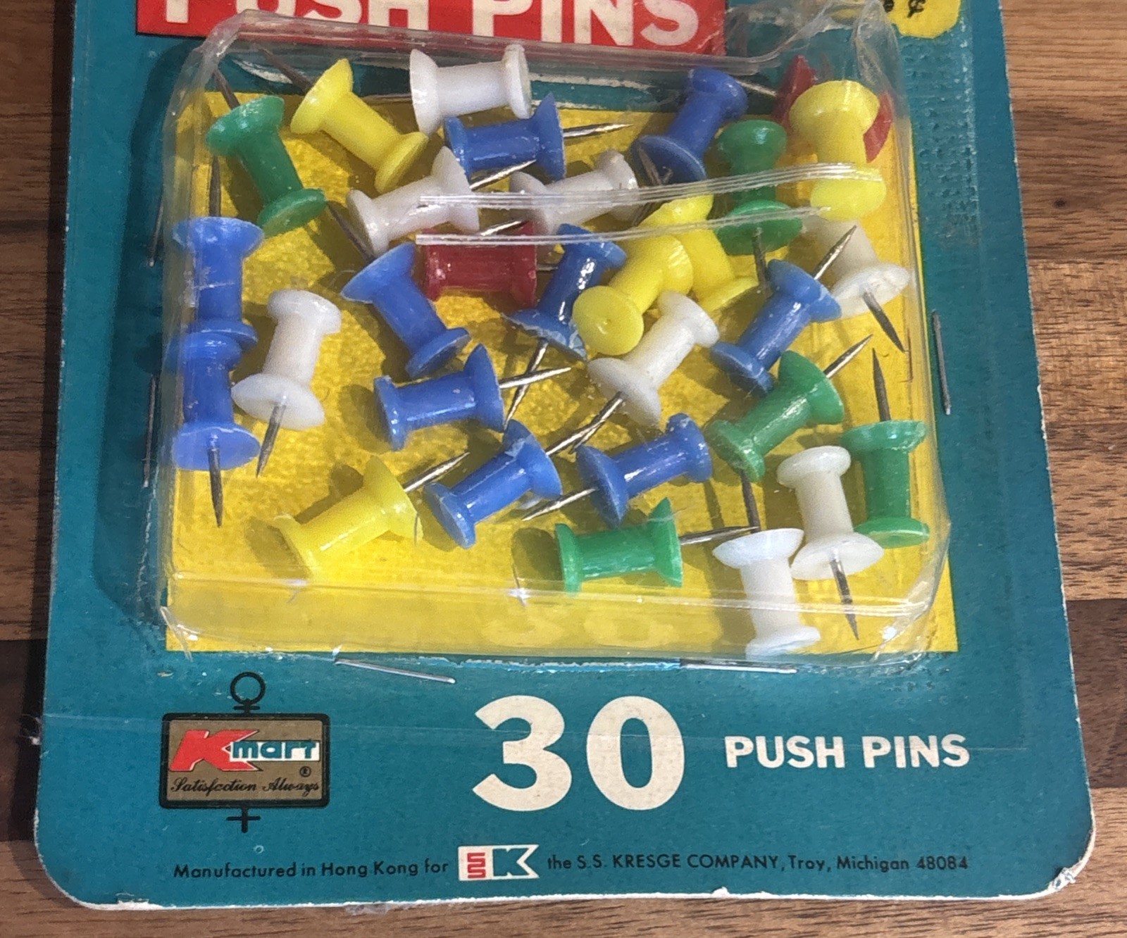Vintage Kmart Push Pins 60 Ct (2×30) Hong Kong NOS 1970s Office Supply Sealed