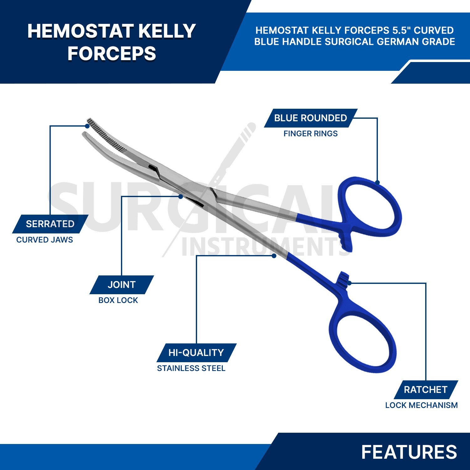 BLUE – 6 Pcs Kelly Hemostat Forceps 5.5″ Curved Surgical Dental German Grade