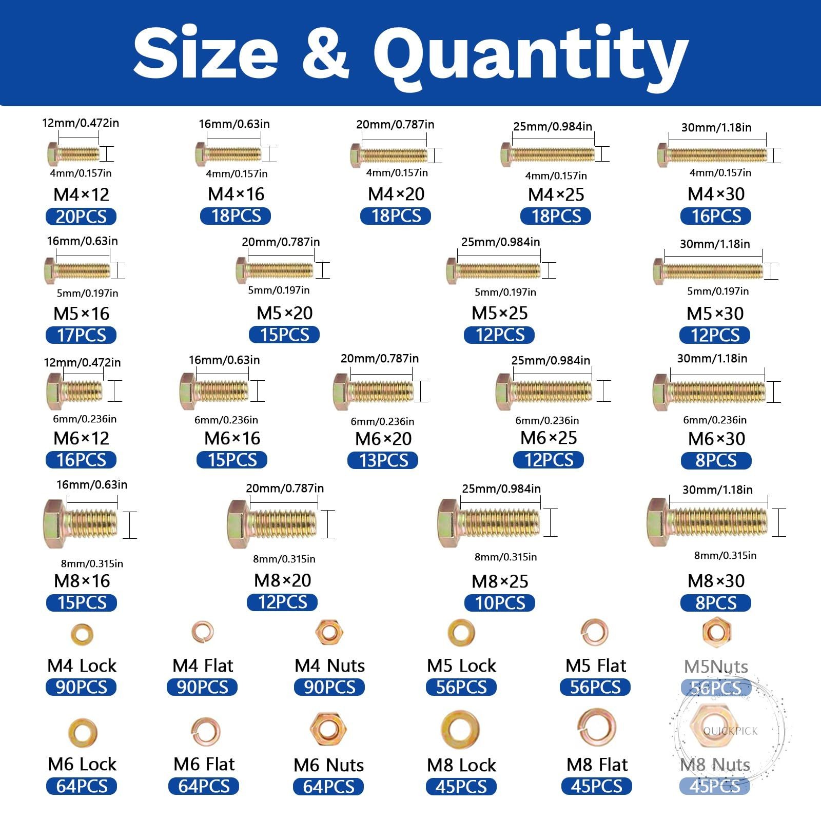 1020PCS Grade 8.8 Metric Bolt Assortment Kit -M4 M5 M6 M8 Heavy Duty Hex Bolts