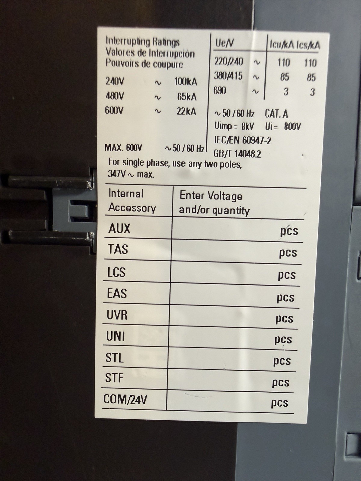Siemens 3VA6110-6HN31-0AA0 100A 3-Pole Circuit Breaker ETU350 New OpenBox 1.3.4b