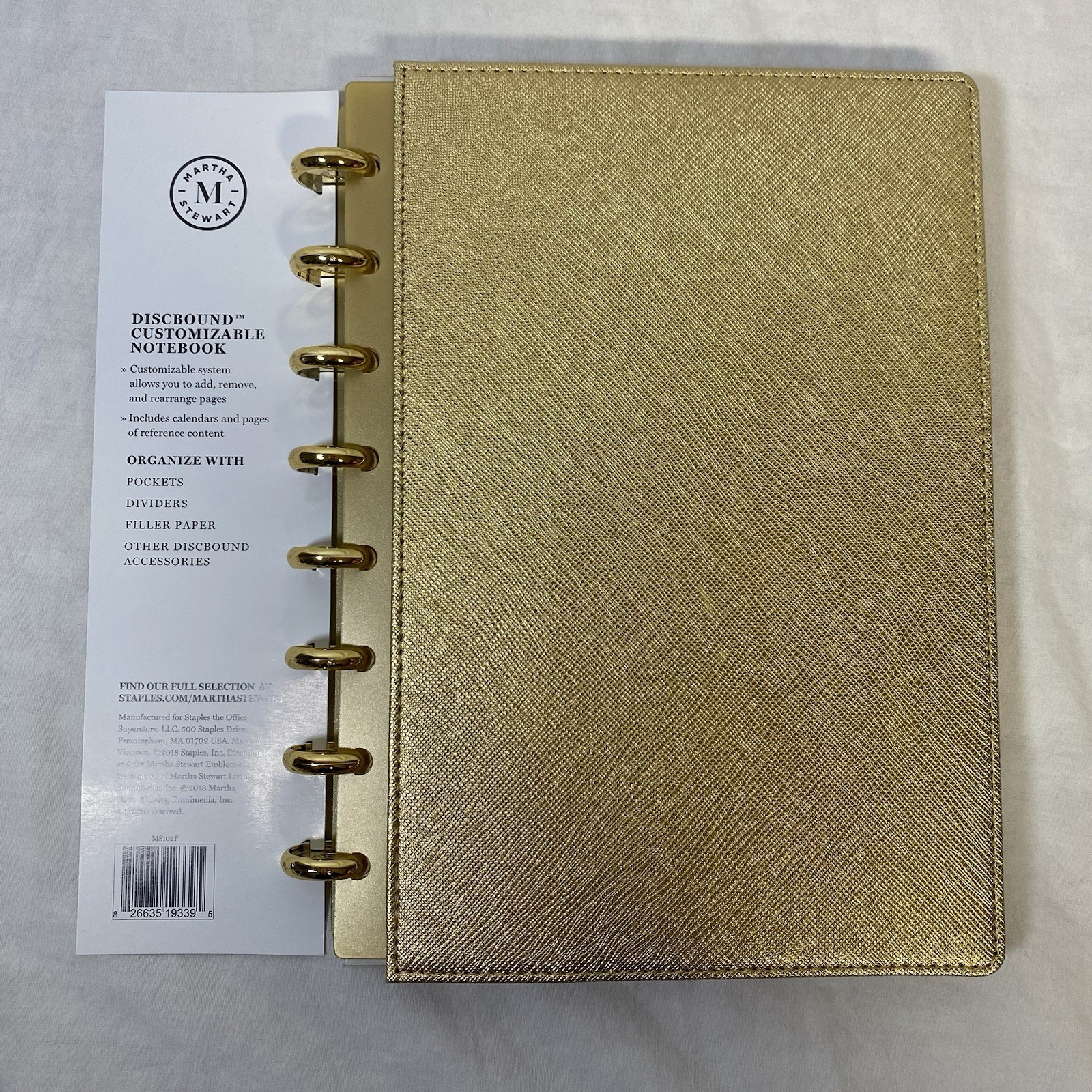 Martha Stewart Linen Junior Discbound Notebook MS102E 6.5X9 Faux Leather Gold