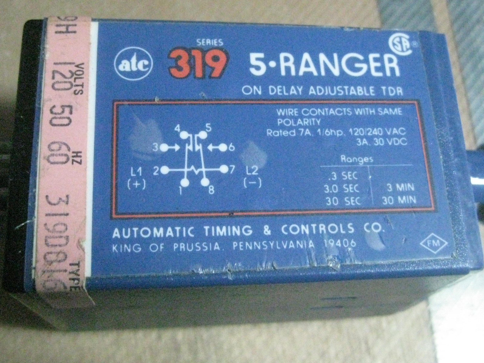 Automatic Timing ATC 5 Range On Delay Relay 0.3 sec to 30 minute 120v NEW