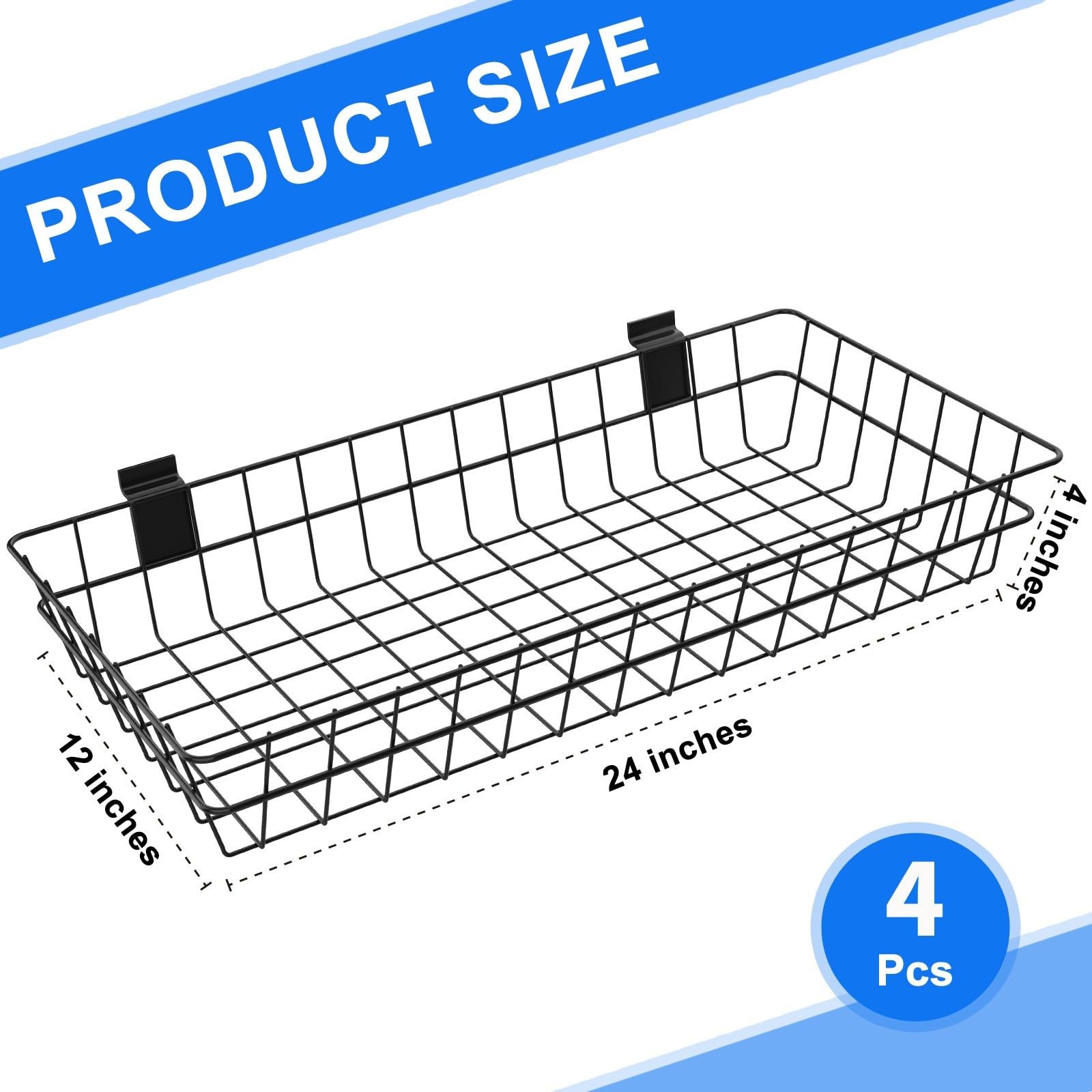 4 Pack Extra Large Slatwall Baskets, 24″ x 12″ x 4″ x x 4″, Black