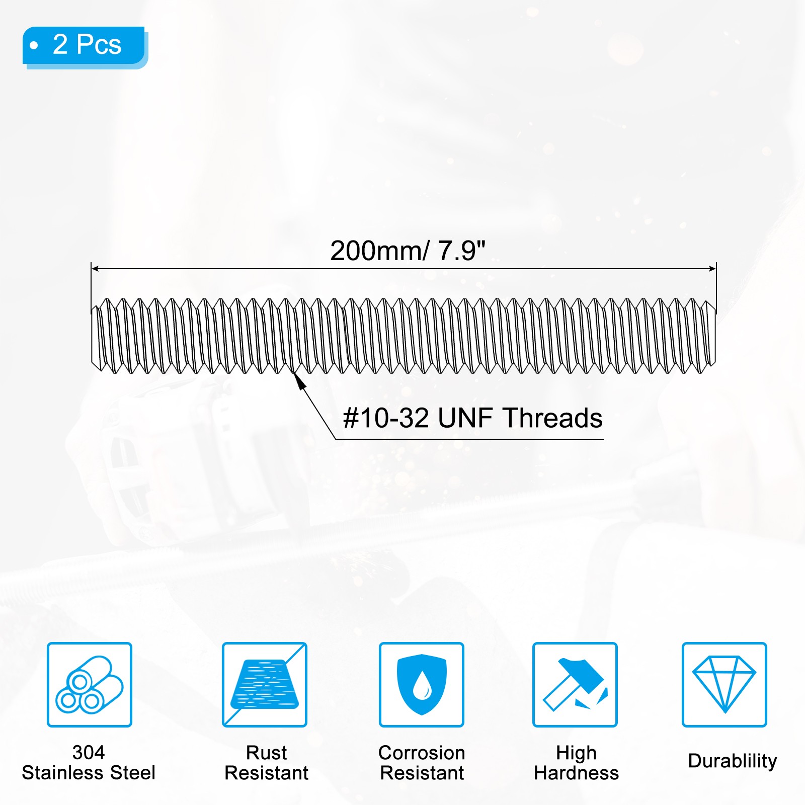 2Pcs #10-32 Fully Threaded Rod 7.9″ Length 304 Stainless Steel Thread Screw