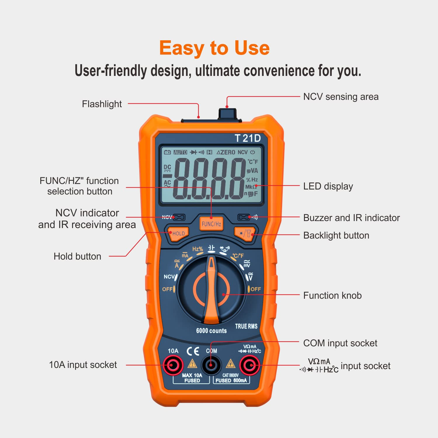Auto-Ranging Digital Multimeter, TRMS 6000 Counts AC DC Voltmeter Ohm Volt Amp