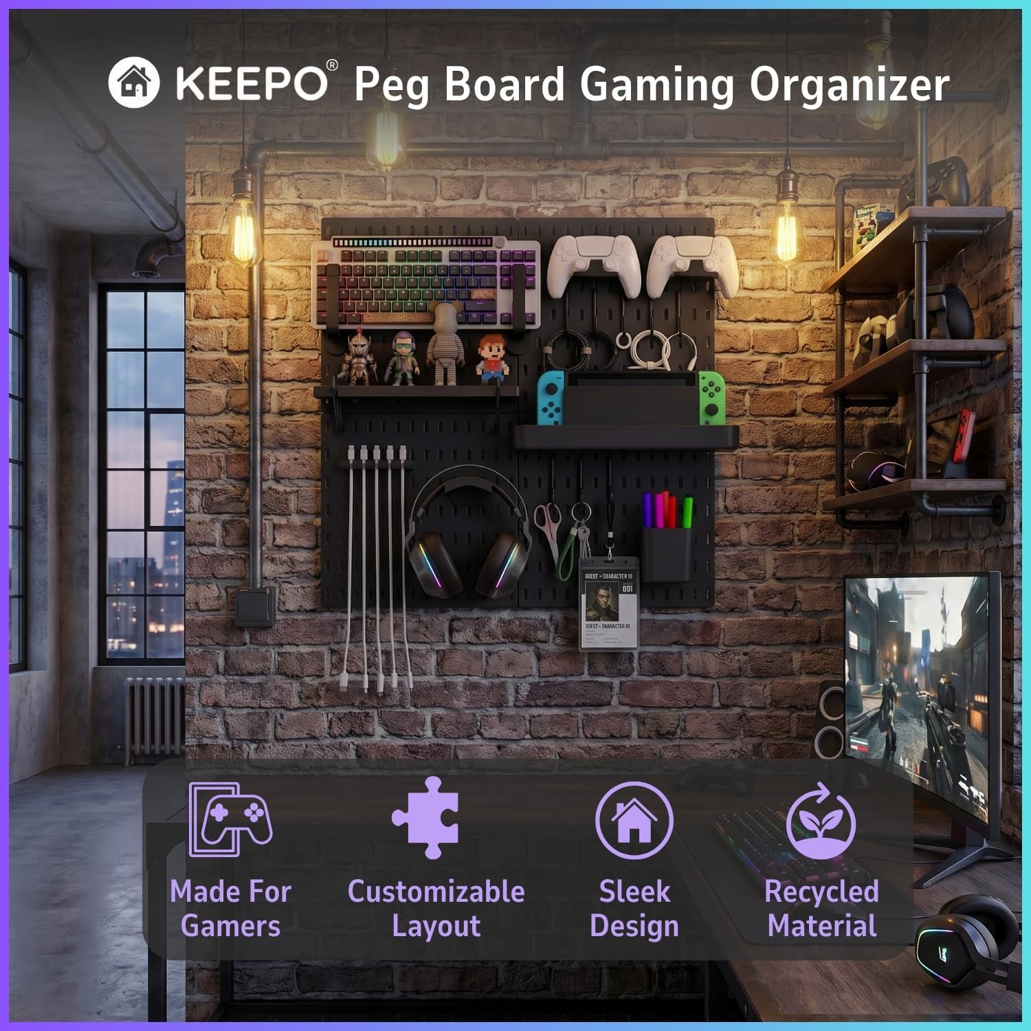Keepo Peg Board Wall Organizer for Gaming Setup, Pegboard with Adhesives & Sc…