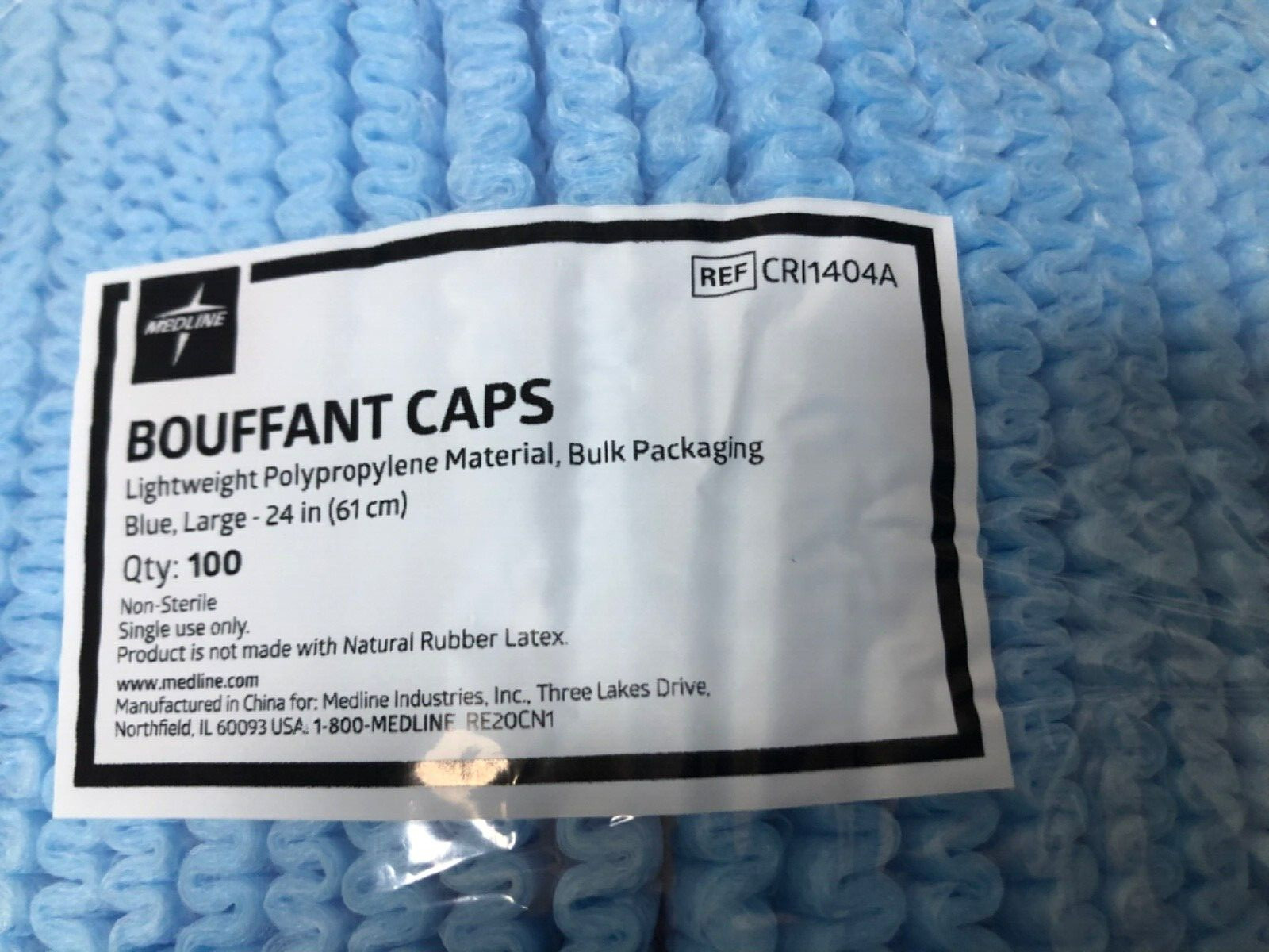 1000 Case – Medline 24″ Blue Bouffant Cap Non Woven Disposable Hairnet CRI1404A