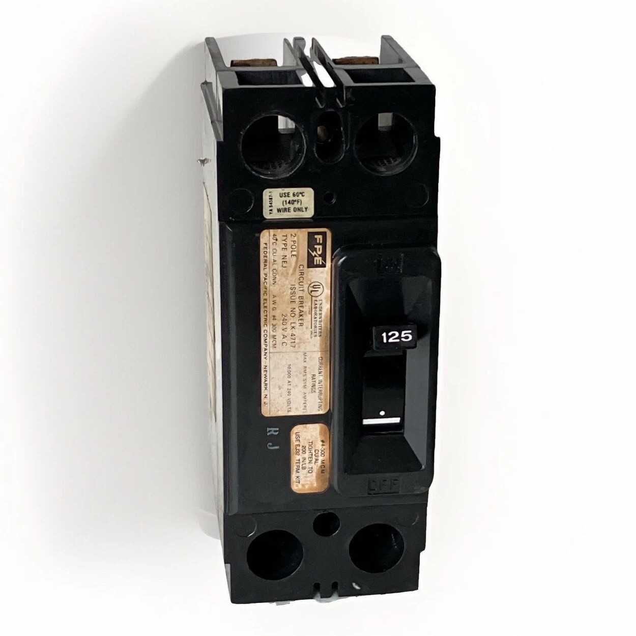 FPE Federal Pacific NEJ221125 Circuit Breaker Type NEJ 2 Pole 125 AMP 10kA@ 240V