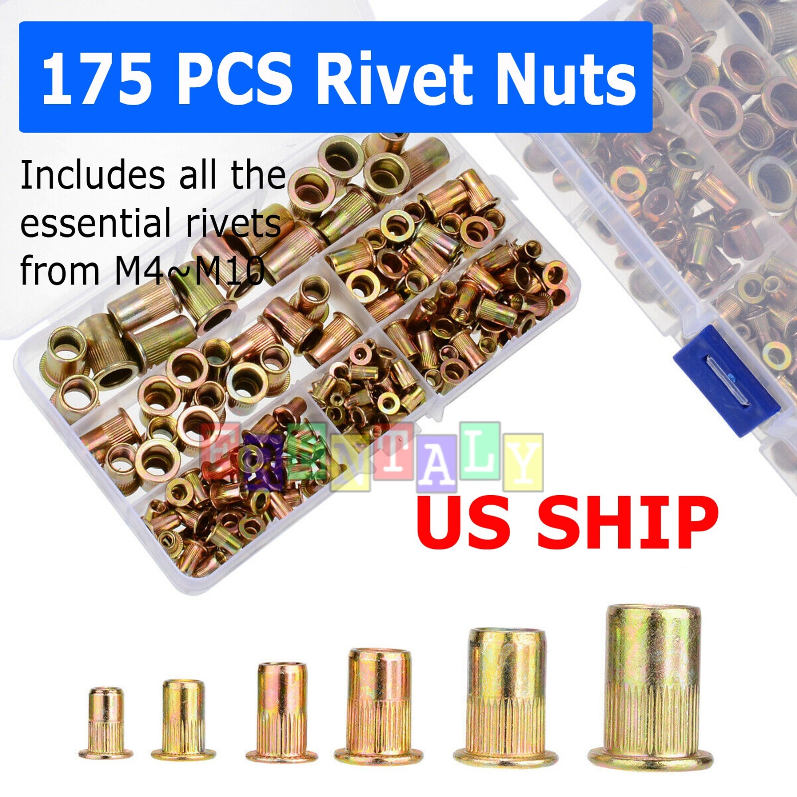 175PC Rivet Nut Kit Mixed Zinc Steel Rivnut Insert Nutsert Threaded Set M3-M12