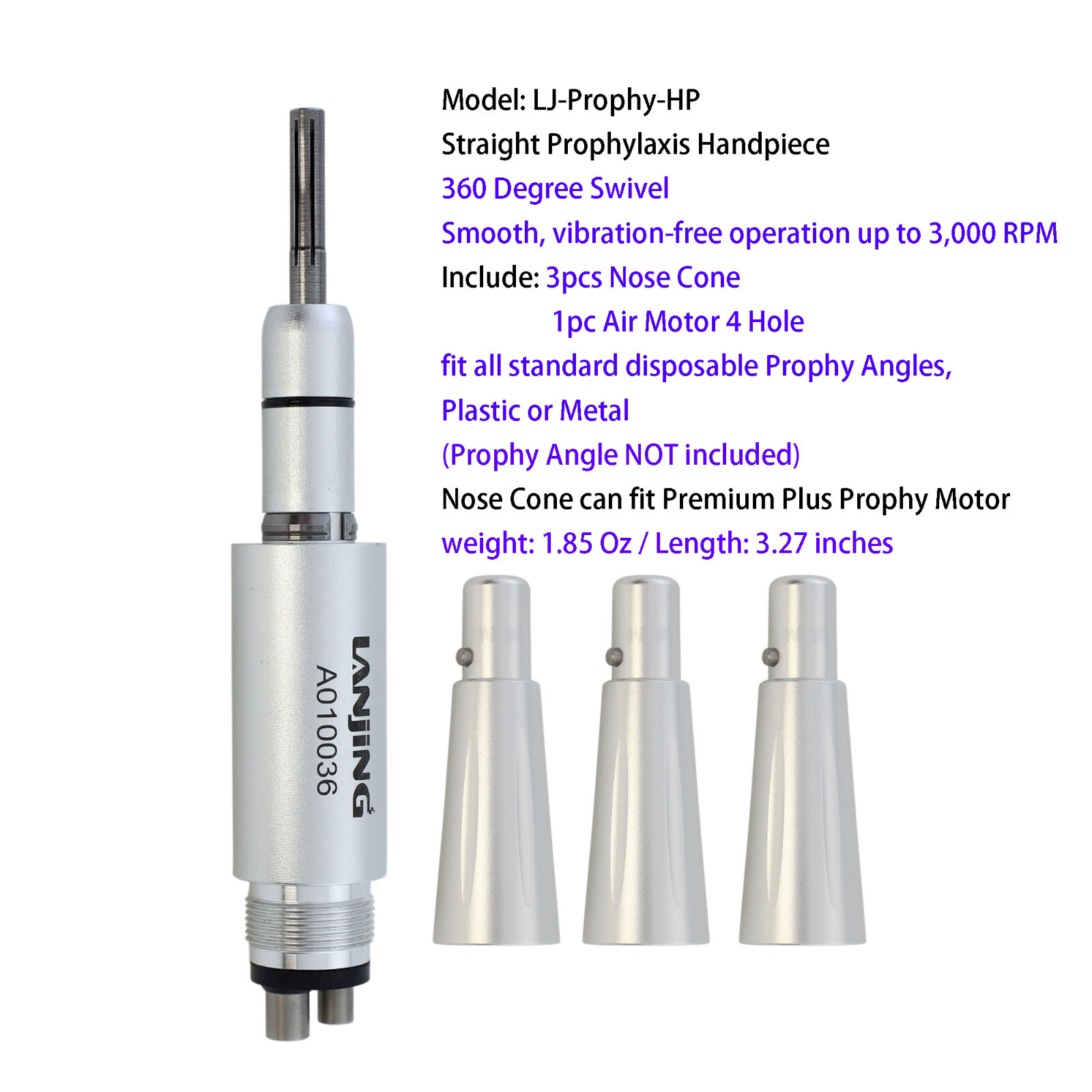 Dental Hygiene Prophy Air Motor Handpiece 4 Hole 3 Nose Cone 360 Degree Swivel