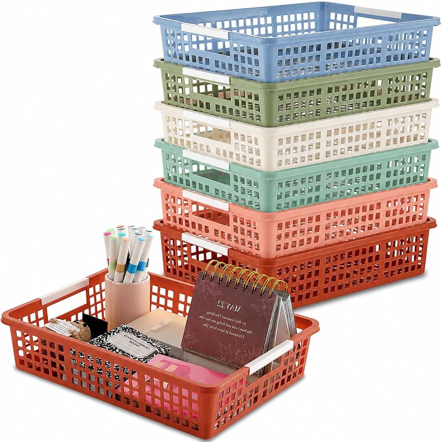 6 Pack Plastic Turn in Paper Trays for Classroom Storage Bin Basket Organizers f
