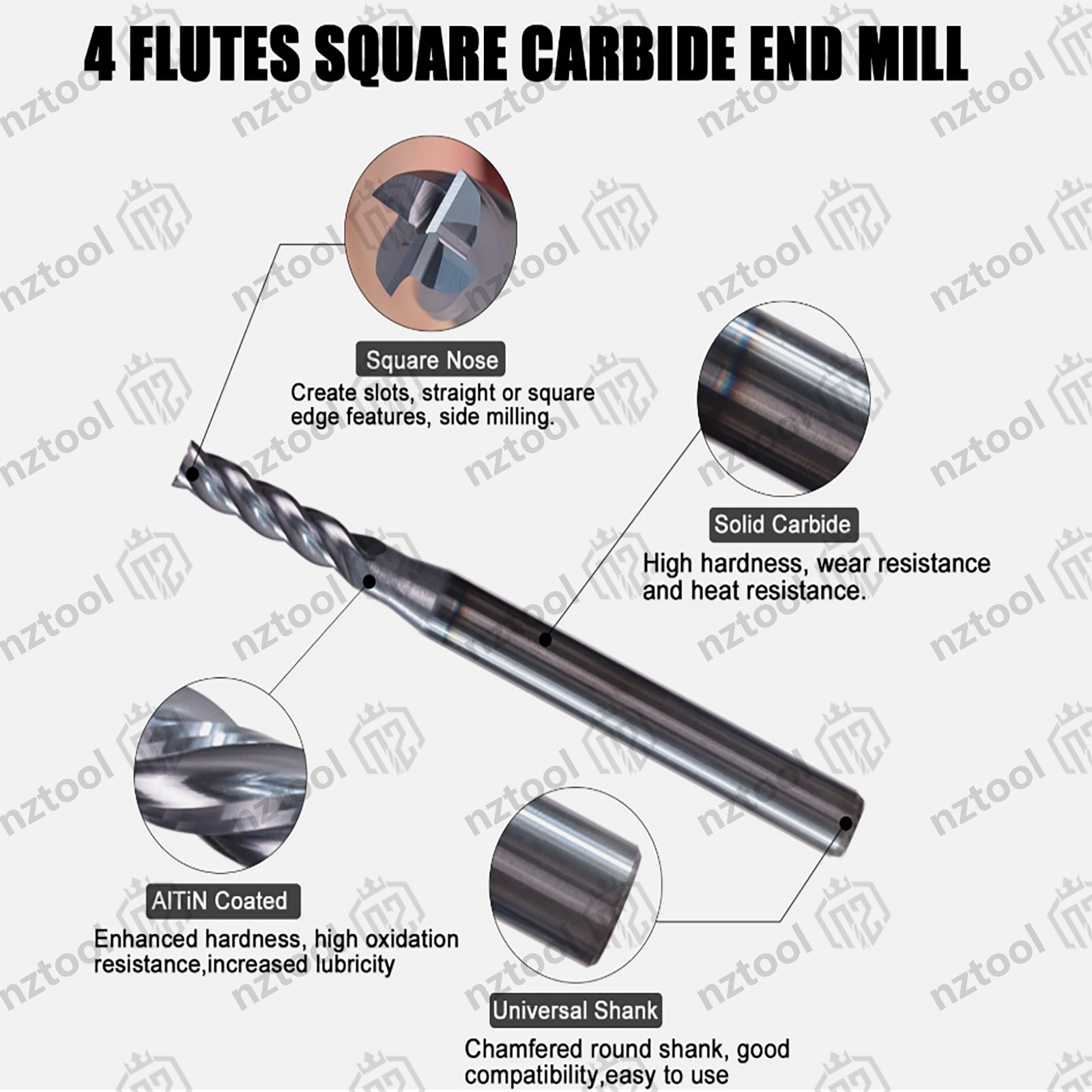 10 PCS 4 Flute 1/16″ x 1-1/2″ Overall Length Carbide End Mill -AlTiN Coated