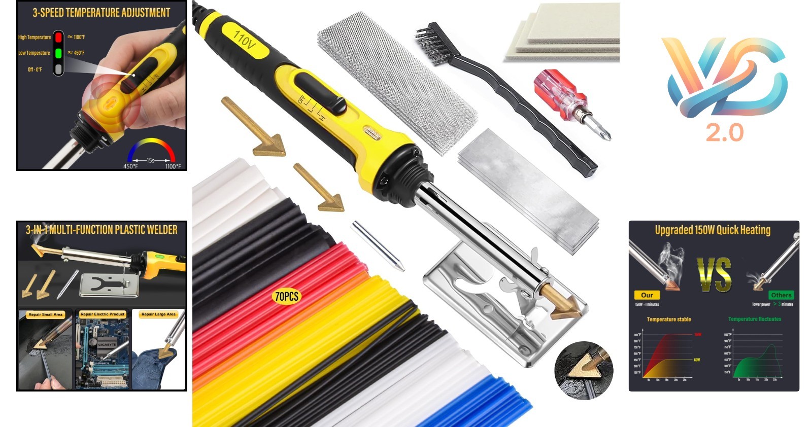Professional 150W Plastic Welding Kit with 70 Rods 3 Tips for Car Bumper Kaya…