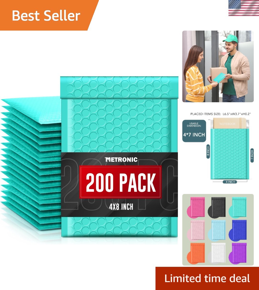 200 Teal Bubble Mailers 4×8 Inches – Waterproof, Self-Seal & Padded for Shipping