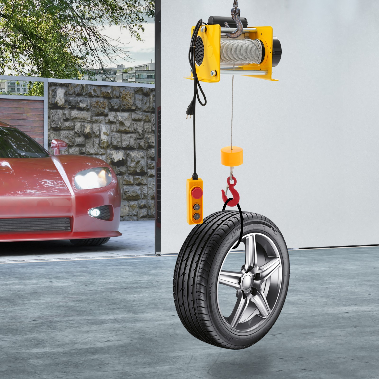 Electric Hoist Winch 881LBS for Lifting or Towing, Wire Rope 30m, Yellow, 1000W