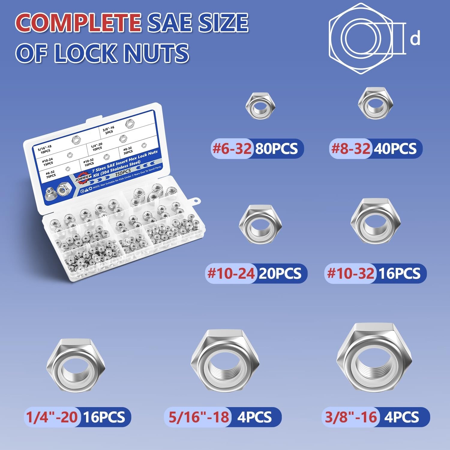 150PCS Hex Lock Nuts Assortment Kit 304 Stainless Steel SAE Nylon Insert 7 Sizes