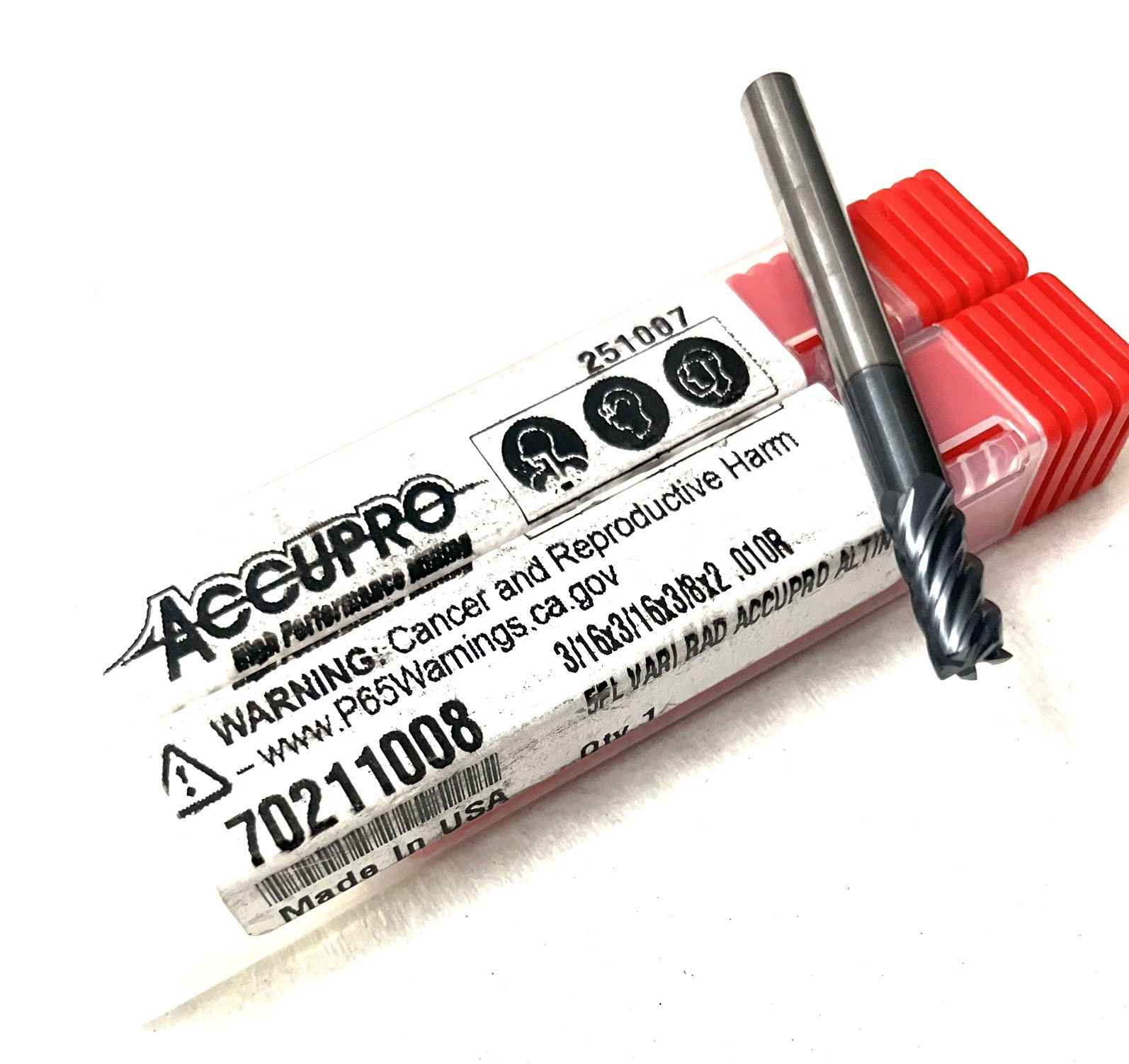 Accupro 70211008 3/16″ 5FL Corner Radius End Mill .015R Solid Carbide AlTiN NEW