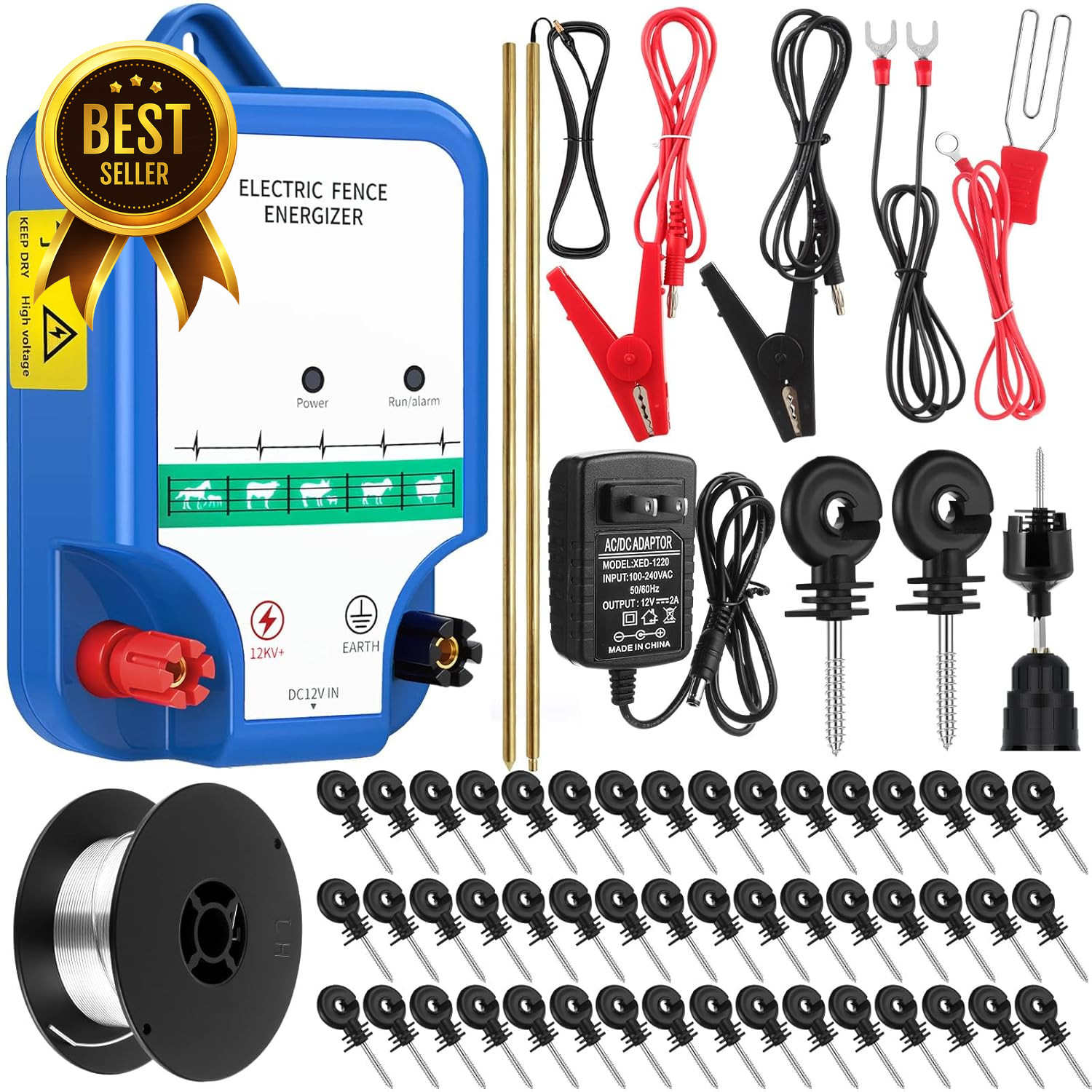 8 Mile 12KV Electric Fence Kit AC DC Charger with Wire Insulators