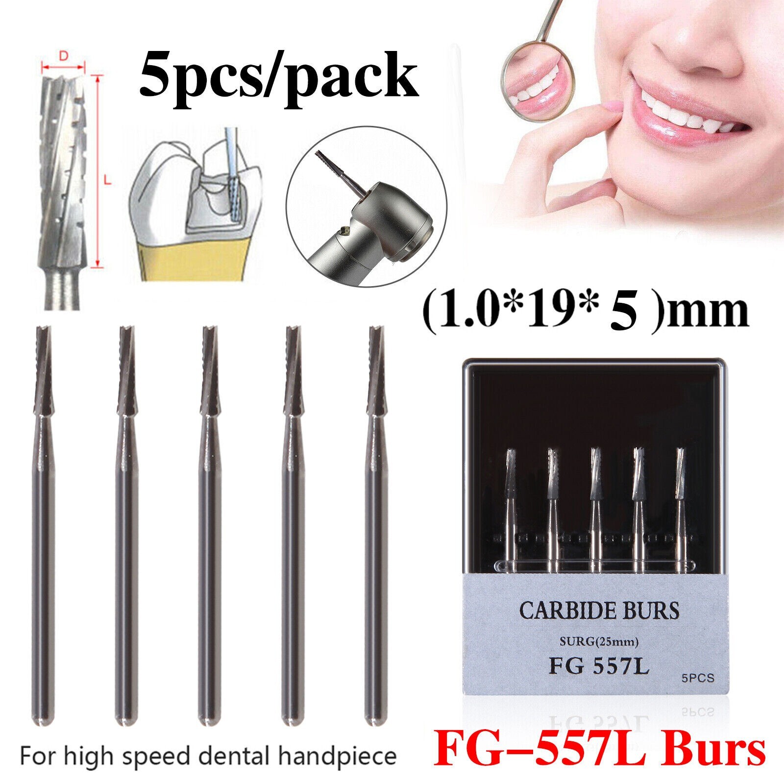 Dental Long Surgical Burs FG #557L 25mm Shank Tungsten Carbide Midwest USA