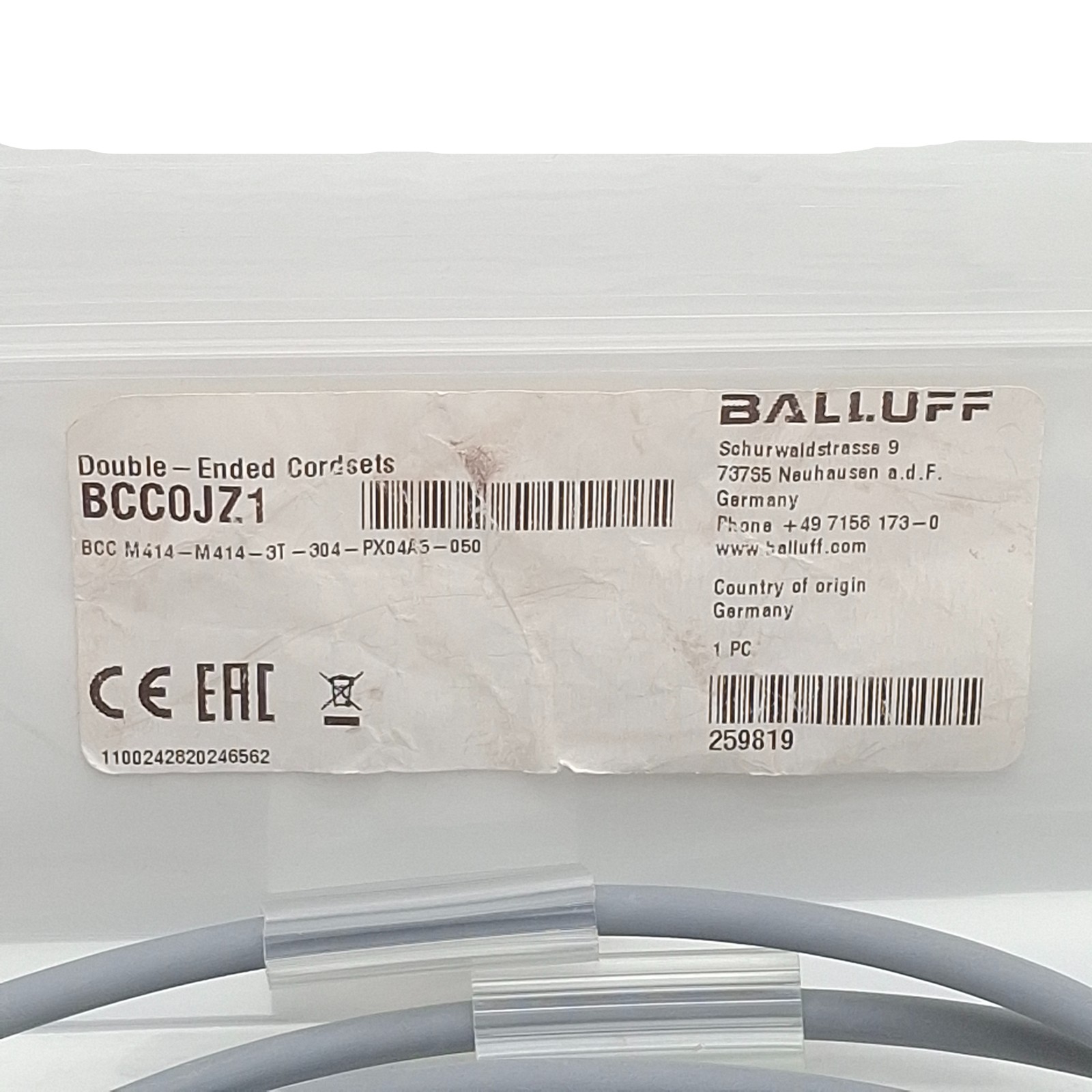 Balluff BCC0JZ1 Cordset, 4-Pin M12 Male x 4-Pin M12 Female, 12A 63VAC/DC, 1m