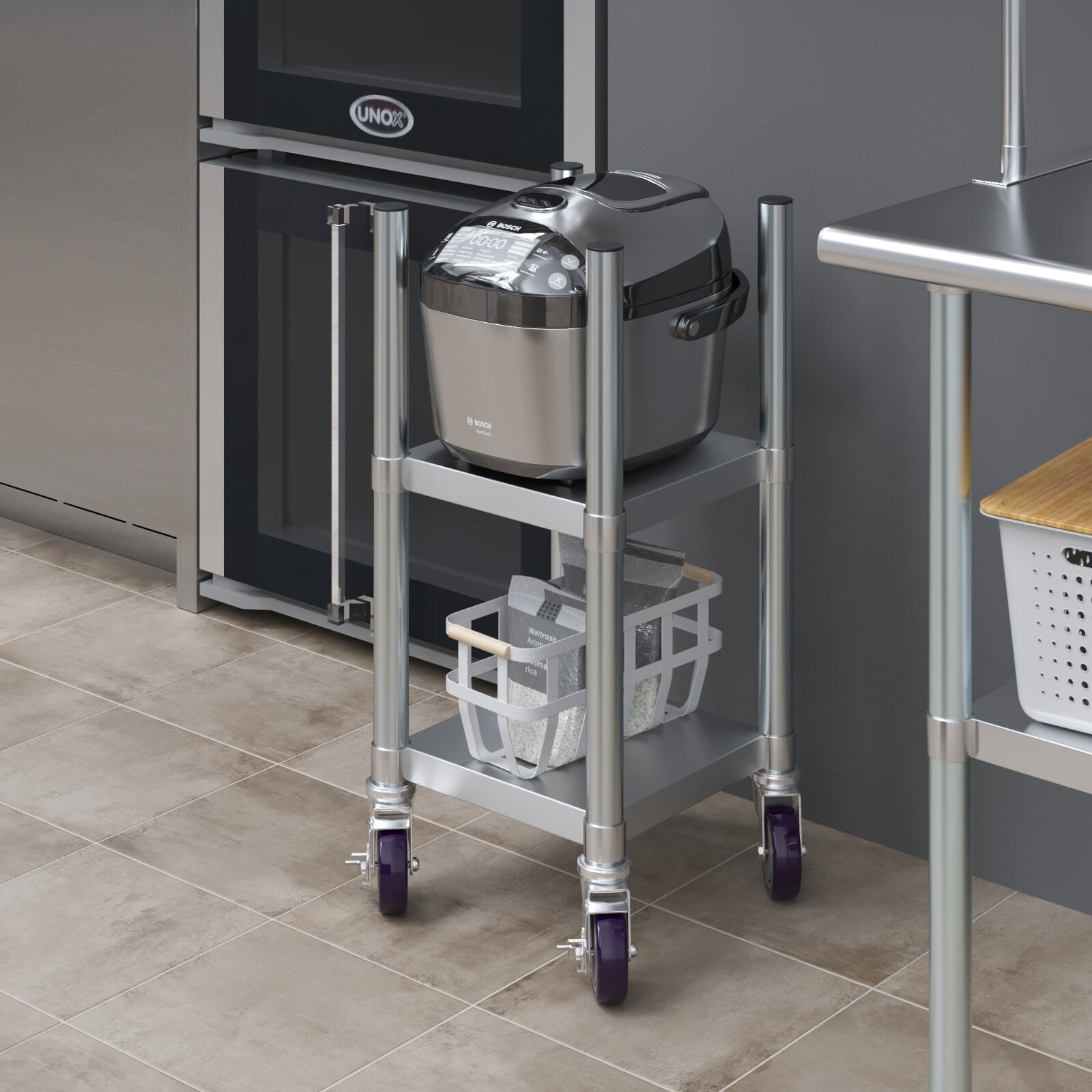 14 in. x 14 in. Stainless Steel Rice Warmer Stand with Wheels